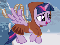 Size: 3000x2240 | Tagged: safe, artist:beavernator, derpibooru import, twilight sparkle, twilight sparkle (alicorn), alicorn, pony, cloak, clothes, crossover, female, journey, mare, mountain, scarf, snow