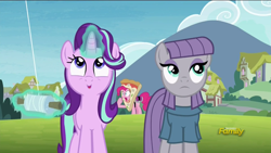 Size: 1366x768 | Tagged: safe, screencap, maud pie, pinkie pie, starlight glimmer, pony, unicorn, rock solid friendship, cute, discovery family logo, female, glimmerbetes, glowing horn, kite, magic, mare, pizza delivery, pizza head, telekinesis