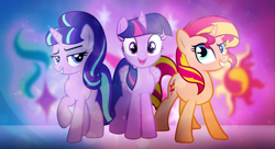 Size: 1980x1080 | Tagged: safe, artist:bubbly-storm, artist:cezaryy, artist:couldysky, artist:strawberry-pannycake, starlight glimmer, sunset shimmer, twilight sparkle, twilight sparkle (alicorn), alicorn, pony, counterparts, cutie mark, excited, looking at you, raised hoof, remake, twilight's counterparts, vector, wallpaper