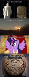 Size: 500x1310 | Tagged: safe, derpibooru import, twilight sparkle, twilight sparkle (alicorn), alicorn, alicorn drama, mayan apocalypse, pope, russian meteor, text