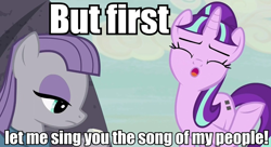 Size: 960x524 | Tagged: safe, edit, edited screencap, screencap, maud pie, starlight glimmer, pony, rock solid friendship, equal cutie mark, image macro, meme, song of my people