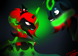 Size: 2520x1800 | Tagged: safe, artist:rockleerocks77, queen chrysalis, oc, oc:queen haiku, changeling, changeling queen, pony, changeling queen oc, changeling slime, evil, magic, shapeshifting, transformation