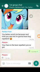 Size: 1440x2560 | Tagged: safe, derpibooru import, pharynx, rainbow dash, thorax, zephyr breeze, group chat, meme, owned, roasted, text, texts from ponies, whatsapp