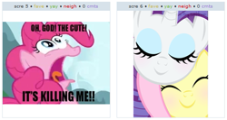 Size: 529x281 | Tagged: safe, fluttershy, pinkie pie, rarity, earth pony, pegasus, pony, unicorn, caption, cute, exploitable meme, juxtaposition, juxtaposition win, meta