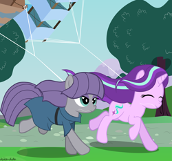 Size: 6509x6061 | Tagged: safe, artist:asika-aida, maud pie, starlight glimmer, earth pony, pony, unicorn, rock solid friendship, absurd resolution, best friends, clothes, cute, eyes closed, glimmerbetes, kite, mouth hold, scenery, smiling