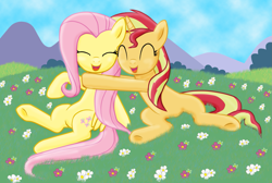 Size: 1763x1185 | Tagged: safe, artist:majkashinoda626, fluttershy, sunset shimmer, pegasus, pony, unicorn, cute, eyes closed, female, flower, grass, hug, lesbian, shimmerbetes, shipping, shyabetes, sitting, smiling, sunshyne