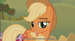 Size: 858x470 | Tagged: safe, screencap, applejack, earth pony, pony, blonde mane, female, mare, orange coat, solo, youtube caption