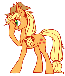 Size: 1024x1195 | Tagged: safe, artist:burgerphile, applejack, earth pony, pony, grin, hat, raised hoof, simple background, solo