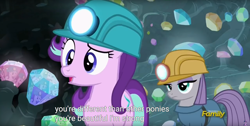 Size: 1920x970 | Tagged: safe, screencap, maud pie, starlight glimmer, pony, rock solid friendship, discovery family logo, hard hat, harsher in hindsight, hat, helmet, implied lesbian, implied shipping, implied starmaud, meme, mining helmet, youtube caption