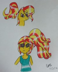 Size: 1904x2391 | Tagged: safe, artist:lizzyisme, sunset shimmer, human, pony, equestria girls, ponytail, traditional art