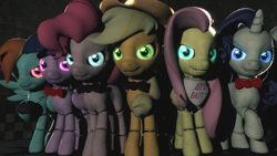 Size: 1920x1080 | Tagged: safe, artist:powdan, derpibooru import, applejack, fluttershy, pinkie pie, rainbow dash, rarity, twilight sparkle, earth pony, pegasus, pony, unicorn, 3d, animatronic, five nights at freddy's, group, looking at you, mane six, source filmmaker