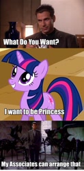 Size: 476x967 | Tagged: safe, derpibooru import, screencap, twilight sparkle, pony, unicorn, magical mystery cure, babylon 5, crossover, dialogue, female, grammar error, mare, mr morden, offscreen character, what do you want