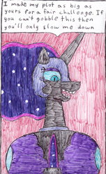 Size: 906x1492 | Tagged: safe, artist:eternaljonathan, nightmare moon, princess celestia, princess luna, oc, oc:night bright fright, alicorn, pony, comic:gobbling audition, both cutie marks, comic, deviantart, ethereal mane, fetish, ink, moonbutt, plot, princess vorestia, starry mane, traditional art, vore