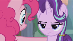 Size: 1920x1080 | Tagged: safe, screencap, pinkie pie, starlight glimmer, pony, rock solid friendship, discovery family logo, lidded eyes, starlight is not amused, unamused