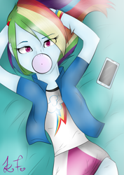 Size: 2149x3035 | Tagged: safe, artist:xxdestinyrosexx, derpibooru import, rainbow dash, equestria girls, arm behind head, bed, bubble, bubblegum, cellphone, clothes, female, food, gum, looking at you, looking up, looking up at you, lying down, on back, phone, smartphone, solo