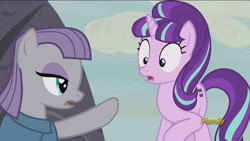 Size: 1920x1080 | Tagged: safe, screencap, maud pie, starlight glimmer, pony, rock solid friendship, discovery family logo, equal cutie mark, out of context, pointing, s5 starlight