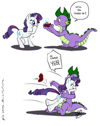 Size: 1000x1264 | Tagged: safe, artist:pia-sama, rarity, spike, dragon, pony, unicorn, colored, female, glomp, interspecies, male, marriage proposal, older, older spike, ring, shipping, sparity, straight, tears of joy