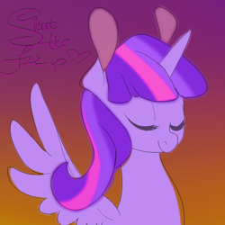 Size: 800x800 | Tagged: safe, artist:fluttercharm, derpibooru import, twilight sparkle, twilight sparkle (alicorn), alicorn, pony, magical mystery cure, alicorn drama, female, gradient background, mare, solo, stfu, vulgar