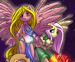 Size: 2209x1833 | Tagged: safe, artist:atryl, applejack, fluttershy, oc, oc:pyro, oc:typhoon, anthro, belly button, clothes, fire, loincloth, midriff, skirt, wind