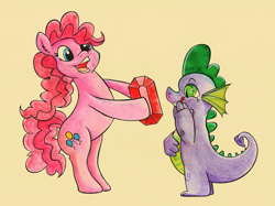 Size: 1500x1124 | Tagged: safe, artist:jrrhack, pinkie pie, spike, dragon, earth pony, pony, female, gem, male, mare