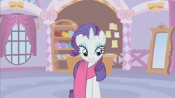 Size: 853x480 | Tagged: safe, screencap, rarity, pony, unicorn, suited for success, fabric, solo