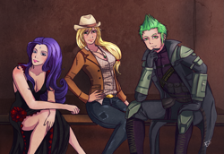 Size: 1173x807 | Tagged: safe, artist:songoftheshoebox, applejack, rarity, spike, crossover, fallout, humanized