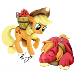 Size: 1728x1728 | Tagged: safe, artist:wolverfox, applejack, big macintosh, earth pony, pony, apple, bucket, male, stallion