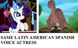 Size: 854x526 | Tagged: safe, rarity, dinosaur, pony, unicorn, don bluth, elsa covián, exploitable meme, latin america, latin american, littlefoot, meme, mexico, same voice actor, spanish, the land before time