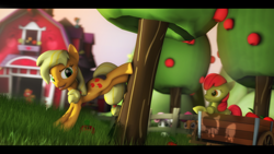 Size: 1024x576 | Tagged: safe, artist:turbovilka, derpibooru import, apple bloom, applejack, big macintosh, rainbow dash, scootaloo, sweetie belle, earth pony, pegasus, pony, 3d, apple, cutie mark crusaders, food, source filmmaker, sweet apple acres