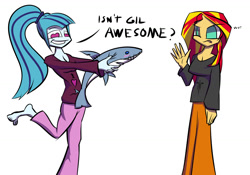 Size: 1426x1000 | Tagged: safe, artist:nowego, sonata dusk, sunset shimmer, shark, equestria girls, barefoot, cleavage, clothes, feet, female, heart eyes, pajamas, plushie, shark plushie, wat, wingding eyes