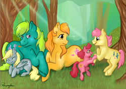 Size: 1023x723 | Tagged: safe, artist:reaperfox, derpy hooves, tex, g1, adult, baby ribbs, baby ruby, crumpet, family, filly, older, parent, younger