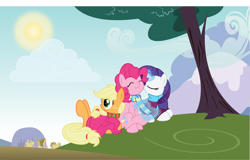 Size: 10424x6685 | Tagged: safe, artist:deihiru, artist:mysteriouskaos, applejack, pinkie pie, rarity, earth pony, pony, unicorn, absurd resolution, clothes, magic, picnic, scarf, sweater, vector