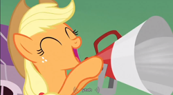 Size: 854x471 | Tagged: safe, screencap, applejack, earth pony, pony, female, mare, megaphone, youtube caption