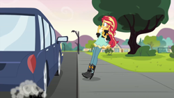 Size: 1280x720 | Tagged: safe, screencap, sunset shimmer, equestria girls, friendship games, car, shocked, tree