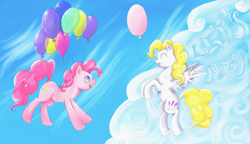 Size: 3325x1909 | Tagged: dead source, safe, artist:matrosha123, pinkie pie, surprise, earth pony, pony, g1, balloon, flying, g1 to g4, generation leap, then watch her balloons lift her up to the sky