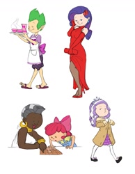 Size: 1055x1360 | Tagged: safe, artist:carnifex, apple bloom, diamond tiara, rarity, spike, zecora, apron, clothes, coat, dress, humanized, map, pantyhose, simple background, white background