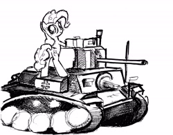 Size: 4577x3584 | Tagged: safe, artist:smellslikebeer, pinkie pie, pony, bipedal, black and white, crosshatch, grayscale, ink, looking at you, monochrome, tank (vehicle), traditional art