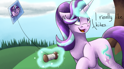 Size: 1920x1080 | Tagged: safe, artist:sketchthebluepegasus, starlight glimmer, pony, kite, magic, solo, that pony sure does love kites