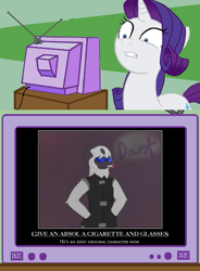 Size: 563x767 | Tagged: safe, rarity, pony, unicorn, absol, cigarette, cigarette smoke, demotivational poster, exploitable meme, meme, obligatory pony, pokémon, reaction image, tv meme