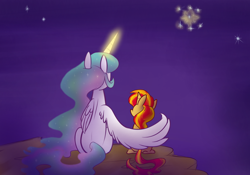 Size: 2000x1400 | Tagged: safe, artist:heir-of-rick, princess celestia, sunset shimmer, pony, unicorn, equestria girls, hug, stargazing, winghug