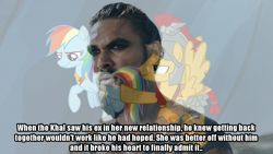 Size: 1100x619 | Tagged: safe, derpibooru import, screencap, flash magnus, rainbow dash, pegasus, pony, shadow play, game of thrones, image macro, khal drogo, meme, wat