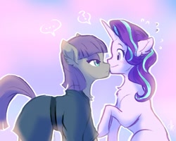 Size: 999x801 | Tagged: safe, artist:kerui8d, maud pie, starlight glimmer, pony, rock solid friendship, blushing, boop, female, lesbian, noseboop, question mark, shipping, starmaud