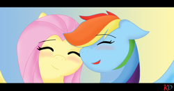 Size: 2164x1136 | Tagged: safe, artist:khaotixdreamfd, derpibooru import, fluttershy, rainbow dash, pegasus, pony, blushing, eyes closed, female, flutterdash, happy, lesbian, mare, shipping, signature