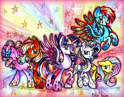 Size: 2185x1702 | Tagged: safe, artist:frostykat13, derpibooru import, applejack, fluttershy, pinkie pie, rainbow dash, rarity, twilight sparkle, twilight sparkle (alicorn), alicorn, earth pony, pegasus, pony, unicorn, eyes closed, female, floppy ears, frown, grin, mane six, mare, open mouth, rainbow power, raised hoof, smiling, smirk, spread wings