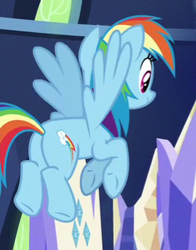 Size: 244x311 | Tagged: safe, derpibooru import, screencap, rainbow dash, pegasus, pony, shadow play, cropped, female, mare, plot, smiling, solo, spread wings, wings