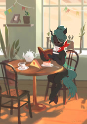 Size: 2364x3355 | Tagged: safe, artist:chi-eca, queen chrysalis, changeling, changeling queen, cozy, cup, food, reading, sitting, tea, teacup