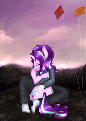 Size: 4961x7016 | Tagged: safe, artist:duop-qoub, starlight glimmer, human, pony, unicorn, absurd resolution, both cutie marks, collar, cute, eyes closed, female, fluffy, glimmerbetes, hug, kite, mare, pet glimmer, pony pet, smiling, that pony sure does love kites