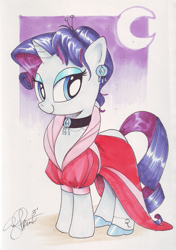 Size: 581x823 | Tagged: safe, artist:andypriceart, idw, rarity, pony, unicorn, alternate hairstyle, clothes, dress, moon, solo