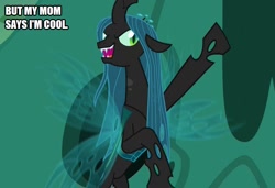 Size: 729x500 | Tagged: safe, edit, edited screencap, screencap, queen chrysalis, changeling, changeling queen, to where and back again, caption, cave, cavern, female, flying, image macro, mother, raised hoof, solo, text, the simpsons