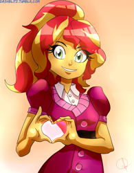 Size: 1641x2100 | Tagged: safe, artist:manic-the-lad, sunset shimmer, equestria girls, a dash of everything, alternate hairstyle, cute, heart hands, hearts and hooves day, shimmerbetes, solo, valentine's day